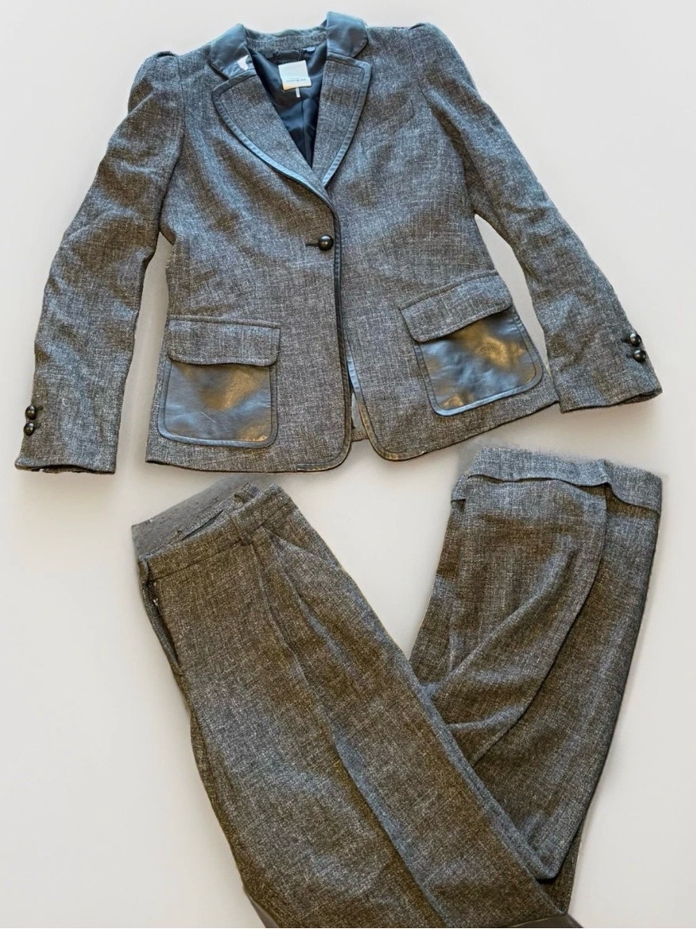 Robert Rodriguez Blazer & Wide Leg Pant Wool Tweed Leather Equestrian Set Size 8
